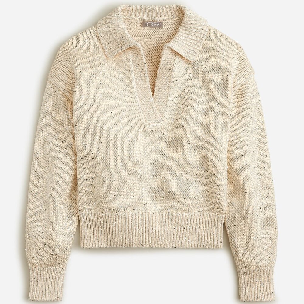 J. Crew Sequin Sweater Polo Small B5953 V-Neck Pullover Cotton Blend Beige Ivory